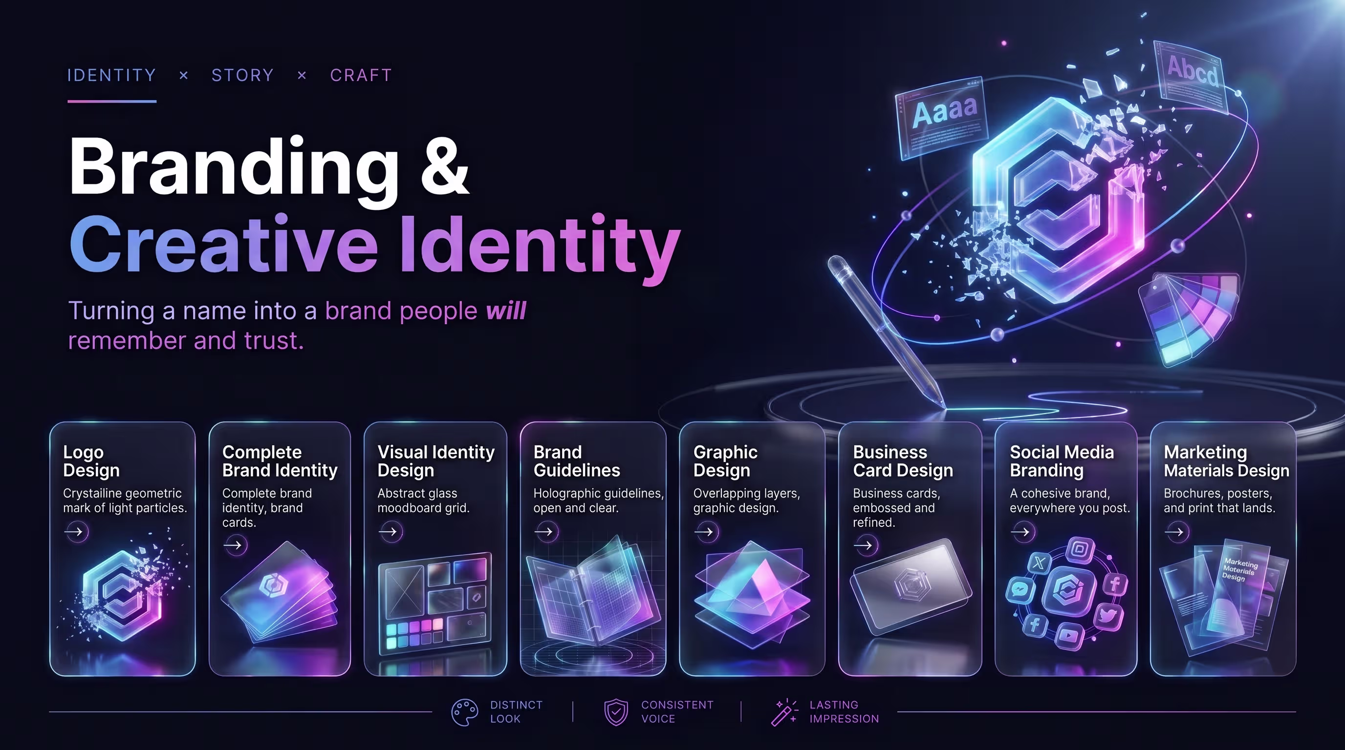 Branding & Creative Identity. Logo Design, Complete Brand Identity, Visual Identity Design, Brand Guidelines, Graphic Design, Business Card Design, Social Media Branding, Marketing Materials Design.