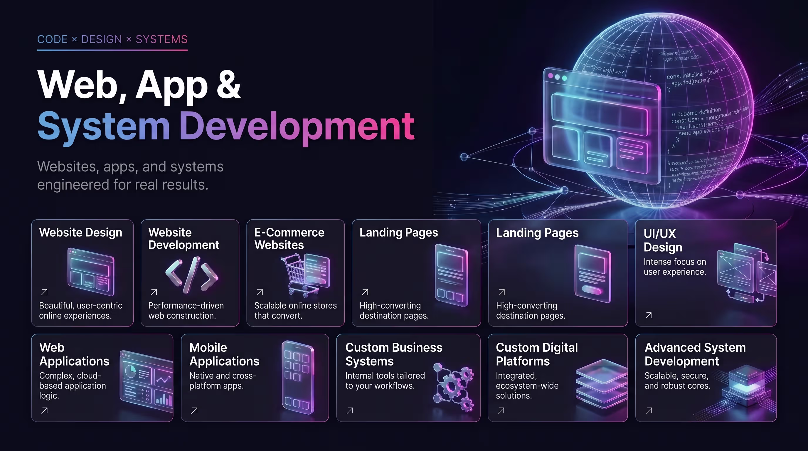 Web, App & System Development. Website Design, Website Development, E-Commerce Websites, Landing Pages, UI/UX Design, Web Applications, Mobile Applications, Custom Business Systems, Custom Digital Platforms, Advanced System Development.